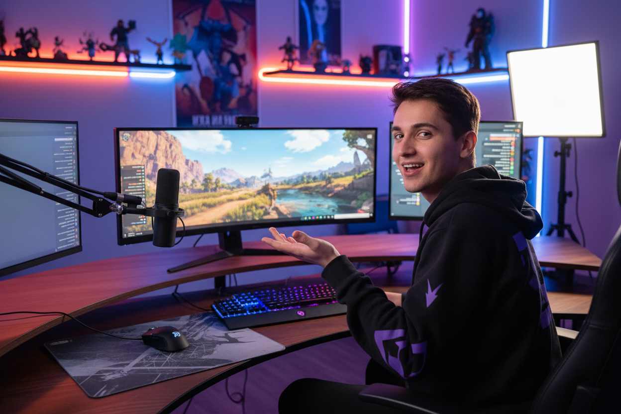 streamer looking back at camera while at desk saying come on